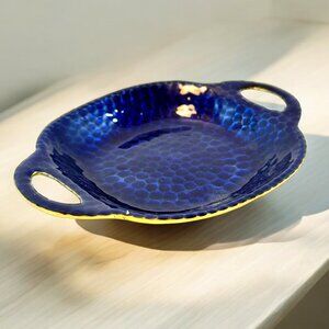 Trinket Ring Dish Enamel on Brass with Handles Blue and Gold